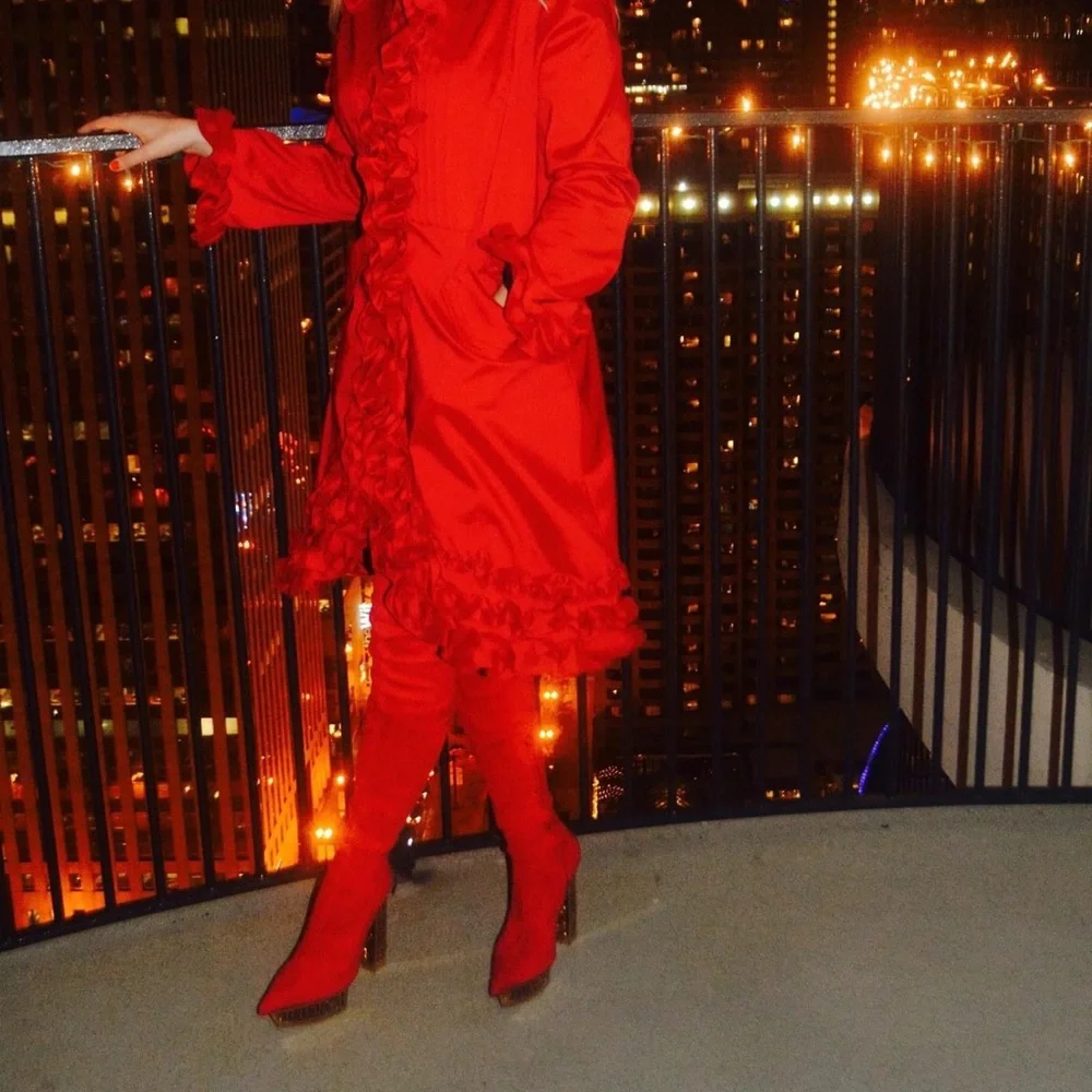 VERSACE HOLIDAY RED GREEK Over the knee boots suede 9.5 40 Gold shoes costume